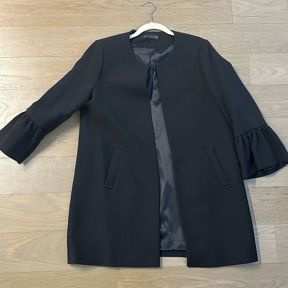 Zara black coat above the knee with ruffle sleeves size xl